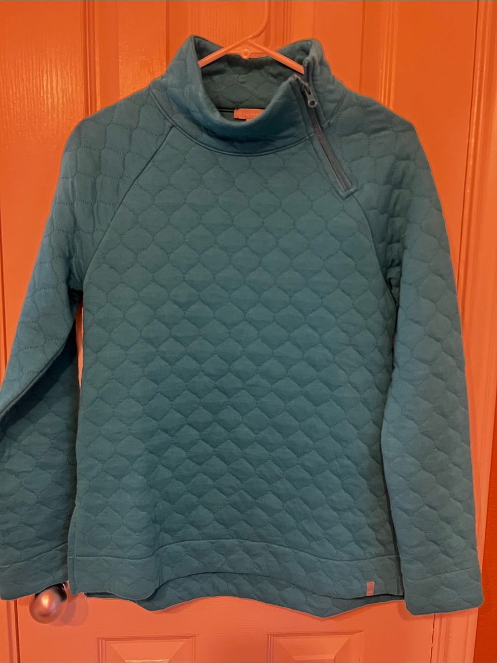 T by Talbots Asymmetrical Zip Quilted Pullover in Seaport Teal Blue, Size XS